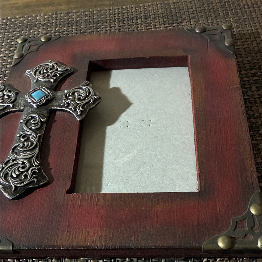 Vintage-Style Wooden Photo Frame with Cross Accent